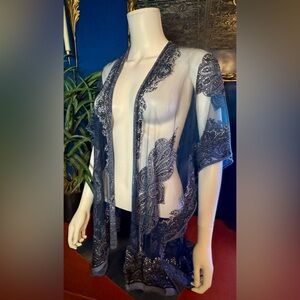 David And Young Sheer Blue Black White Silver Glitter Paisley Print Kimono
